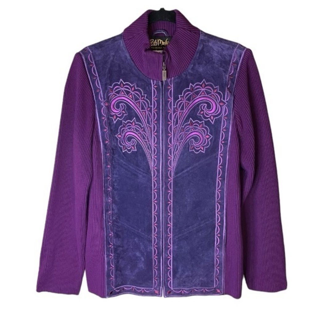 Bob Mackie‎ Wearable Art Purple Leather Sweater with Pockets Size Medium Women’s
